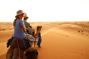 People camel trekking through the desert
