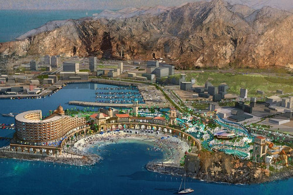 Khor Fakkan, BAE'deki Khor Fakkan Otel ve Su Parkı geliştirme konseptinin havadan görünümü