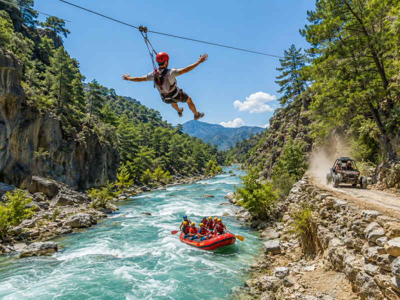 Kombitour: Wildwasser-Rafting, Quad-Safari & Zipline mit BBQ-Mittagessen und Transfer ab Antalya