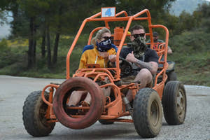 Couple riding buggy