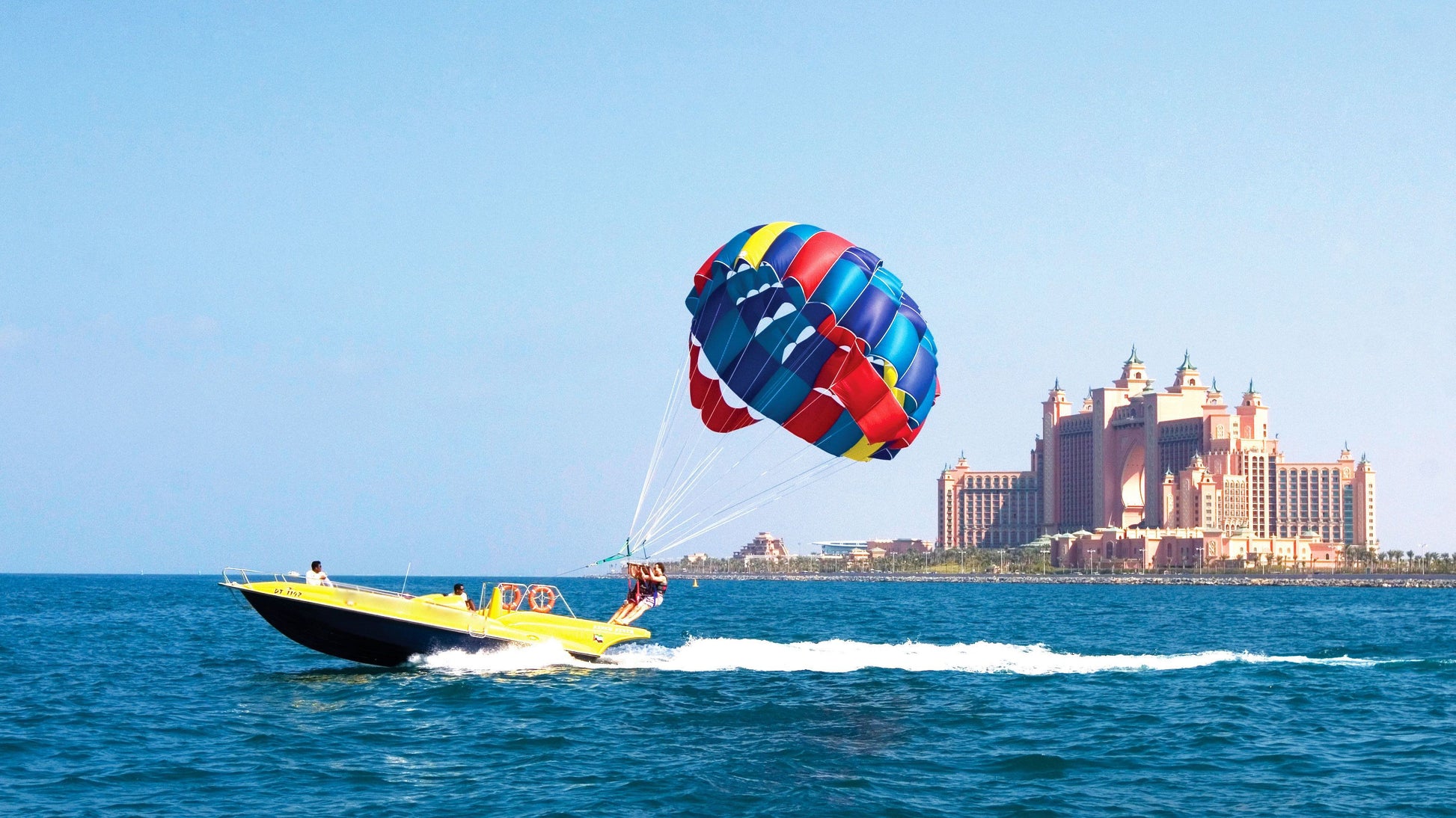 parasailing in Dubai, with the Atlantis, The Palm resort visible