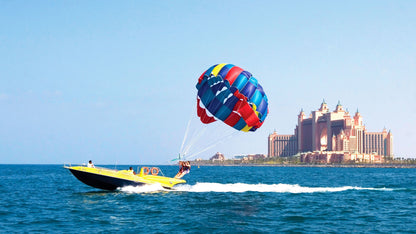 parasailing in Dubai, with the Atlantis, The Palm resort visible