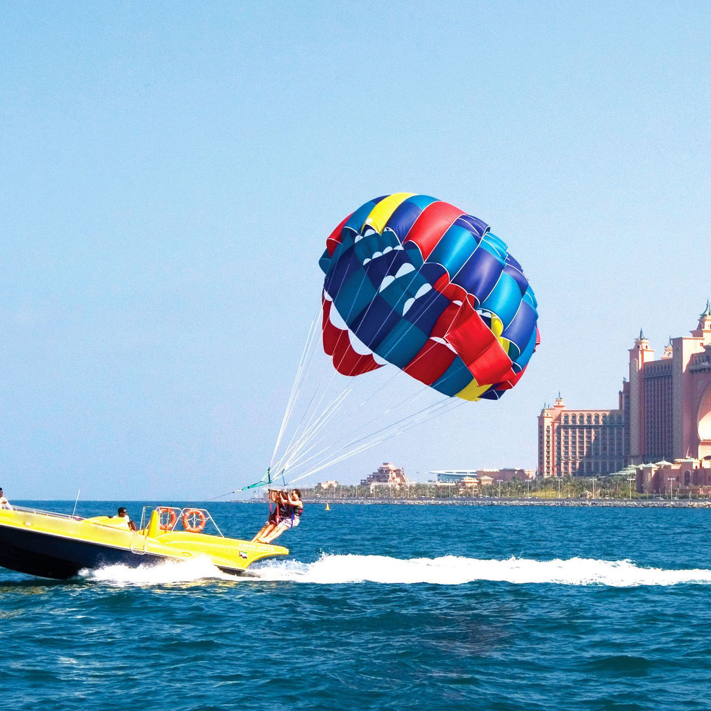 parasailing in Dubai, with the Atlantis, The Palm resort visible