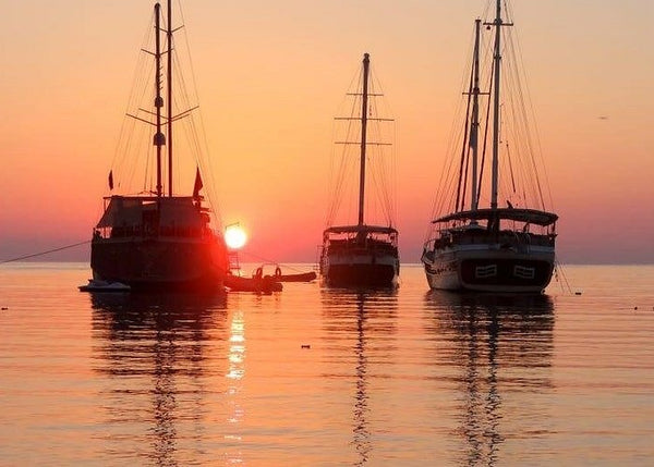 Boats cruising during sunset