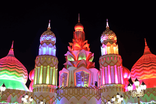 illuminated architecture of Global Village in Dubai