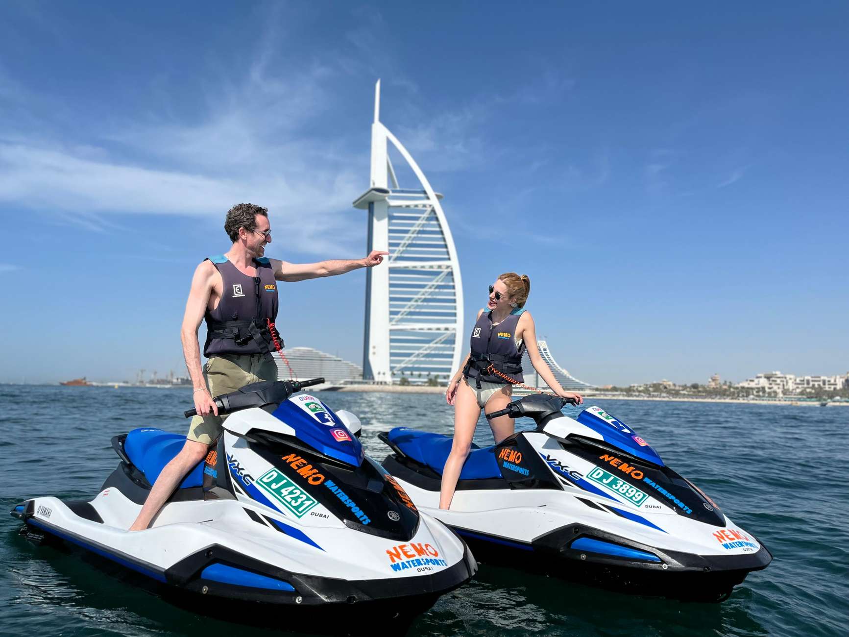 Couple enjoying a jet ski tour in Dubai