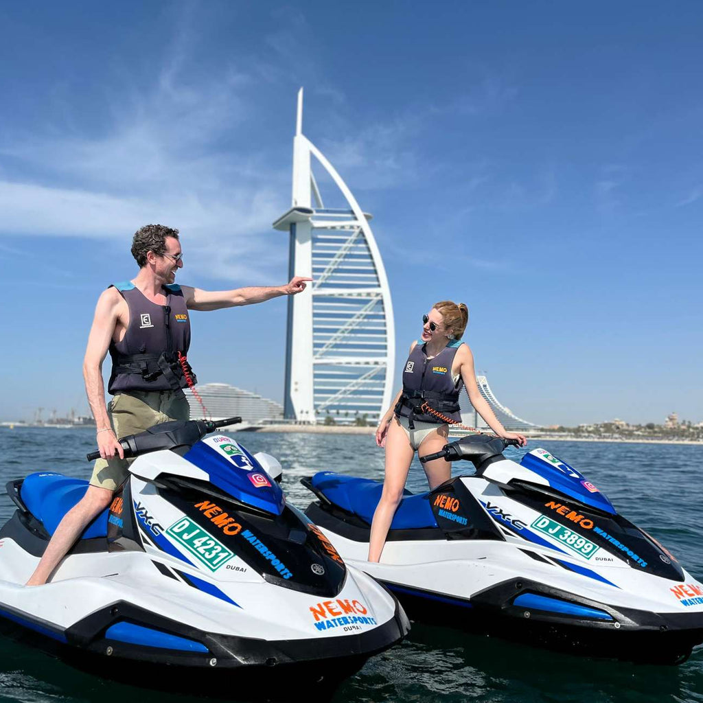 Couple enjoying a jet ski tour in Dubai