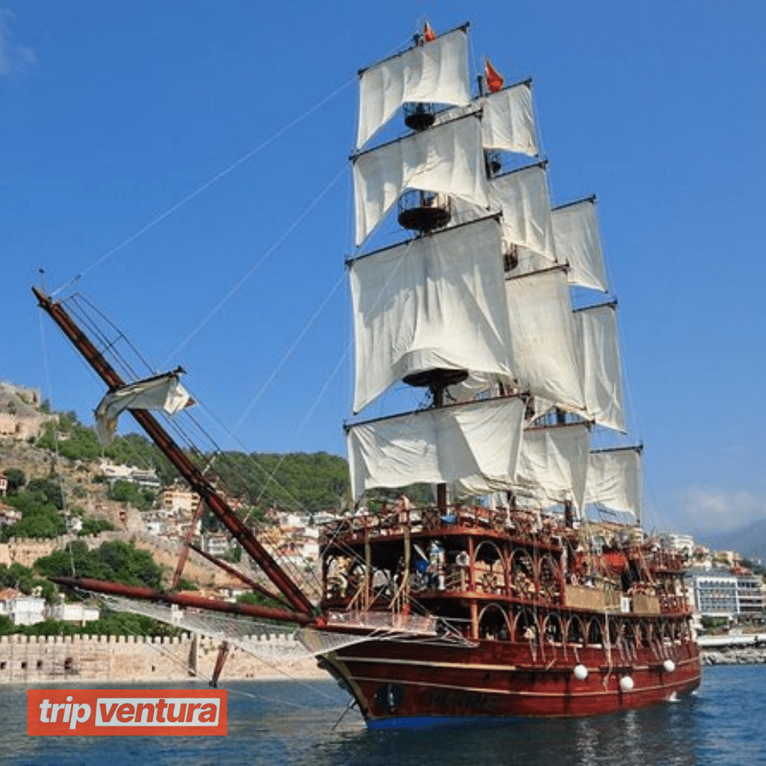 Themed pirate ship with decorative sails and wooden interiors for an authentic experience