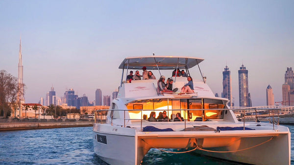 luxury yacht tour in Dubai, offering stunning views of the city's iconic skyline
