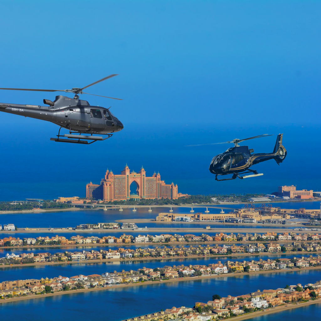 Two helicopters flying at the Palm